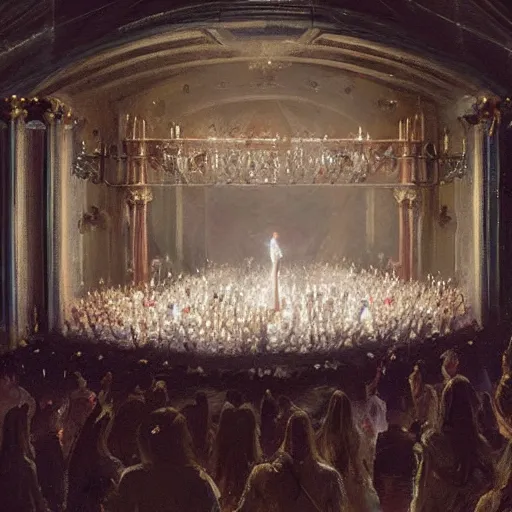 Image similar to Painting by Greg Rutkowski, hundreds of spectators look at an illuminated girl in a white long dress on a theater opera stage with an orchestra, view from the hall