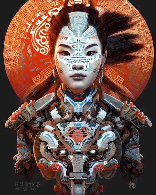 Image similar to portrait of a machine from horizon zero dawn, machine face, upper half portrait, decorated with chinese opera motifs, asian, bian lian, traditional chinese art, intricate, elegant, highly detailed, digital painting, artstation, concept art, smooth, sharp focus, illustration, art by artgerm and greg rutkowski and alphonse mucha, 8 k