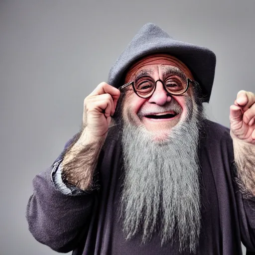 Image similar to danny devito as an old druid wizard, bald, bushy grey eyebrows, long grey hair, disheveled, wise old man, wearing a grey wizard hat, wearing a purple detailed coat, a bushy grey beard, sorcerer, he is a mad old man, laughing and yelling