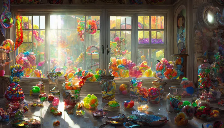 Prompt: house full of candies, sunlight through windows, hyperdetailed, artstation, cgsociety, 8 k