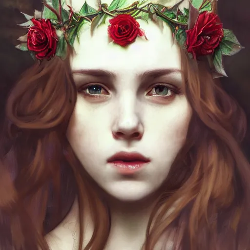 Prompt: portrait of beautiful vampire, flower crown, extreme thorns everywhere, headshot, neck up, head only, pale skin, 4k, rule of thirds, extreme detail, detailed drawing, trending artstation, hd, fantasy, D&D, realistic lighting, by Alphonse Mucha, Greg Rutkowski, sharp focus, backlit, bright red hair