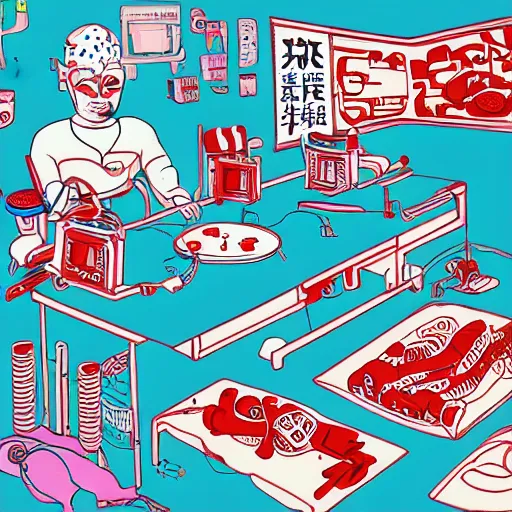 Image similar to chinese surgery operating table, in the style of daniel johnston and outsider art, 8k, line brush, overlaid with chinese adverts