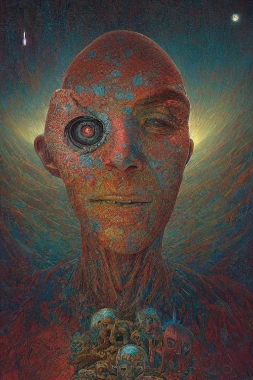 Prompt: 4K Stunningly detailed Ancient Beautiful portrait of a Smile inspired in beksinski and dan mumford work, 4K Upscale remixed with Simon Stalenhag work, sitting on the cosmic cloudscape