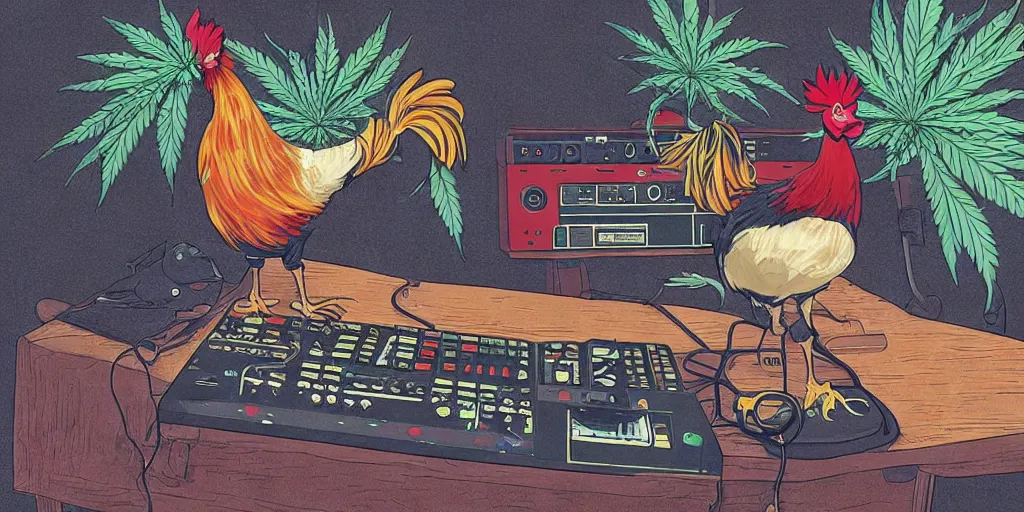 Image similar to 'black rooster'!!! smoking 'cannabis'!!!!!! in front of 'audio console'!!!! and 'multi monitors and projectors'!!!! 'in a hi-tech tv broadcasting studio with red camera rig'!!!!, artwork by James Gilleard