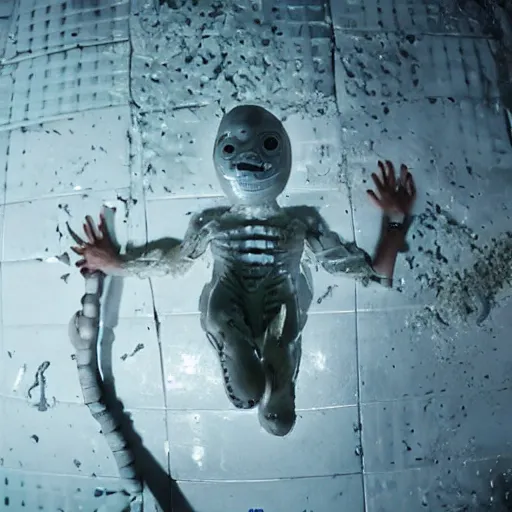 Prompt: a broken cyborg that looks like Mark Zuckerberg on the floor, covered in white slimy fluidNostromo Alien movie. wide angle photography.