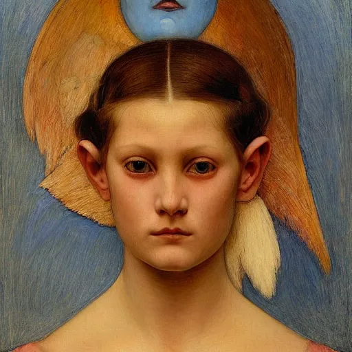 Image similar to a beautiful young android girl wearing a bird mask, by annie swynnerton and diego rivera and elihu vedder, symbolist, dramatic lighting, elaborate geometric ornament, head and shoulders view, art brut, soft cool colors, smooth, sharp focus, extremely detailed, adolf wolfli, donato giancola