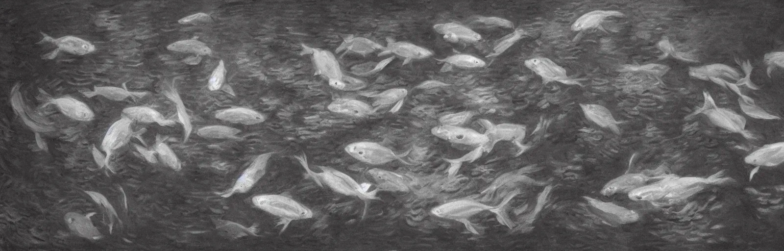 Image similar to An aesthetically pleasing, dynamic, energetic, lively, well-designed digital art of goldfish in a pond viewed from underwater, light and shadow, chiaroscuro, by Claude Monet and Vincent Van Gogh, superior quality, masterpiece, excellent use of negative space. 8K, superior detail, widescreen.