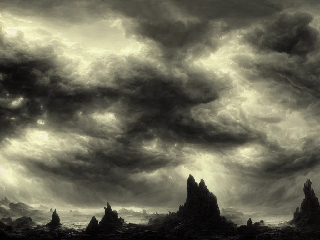 Prompt: very detailed, dark super storm, hyper realistic clouds that resemble rock formations, impressive, magical, very atmospheric, fog, cinematic, deep, very high complexity, stunning, dramatic masterpiece, iridescent, chiaroscuro, by gustave dore, caspar david friedrich, ian miller, very detailed. 4 k