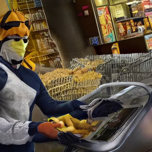 Image similar to a masked man at a self checkout stealing a banana, trending on artstation, depth field, unreal engine, cinematic, hyper realism, high detail, 8 k