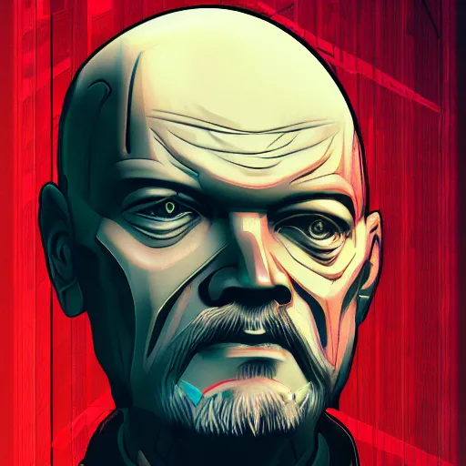 Image similar to cyberpunk vladimir lenin as the leader of a futuristic communist society, cybernetics, sharp lines, digital, artstation, colored in