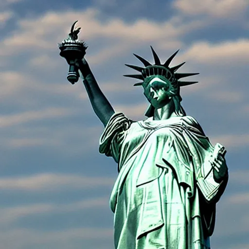 Prompt: the stature of liberty holding a taser. award winning photograph - n 9