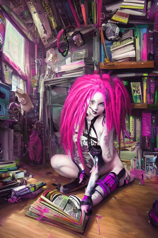 Prompt: portrait of a cybergoth girl with pink dreads reading a book on the floor of a cluttered 9 0 s bedroom, dynamic lighting, fantasy concept art, trending on art station, stunning visuals, creative, cinematic, ultra detailed,