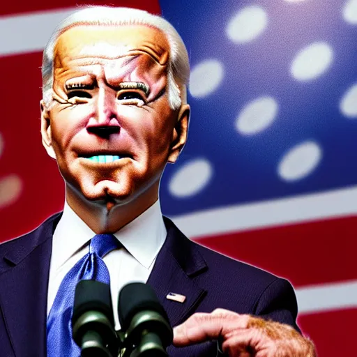 Image similar to joe biden with chiclets in the place of his teeth, his eyes have flames in them, the flames are red and menacing, photorealistic, 5 0 mm,