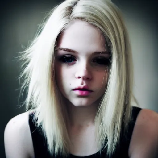 Prompt: portrait of a young blonde emo girl, flawless features, pale skin, beautiful beautiful beautiful, instagram selfie