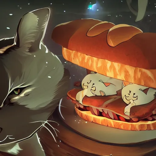 Image similar to deeply scared cat running away from the giant carnivorous sandwich, artstation hq, dark phantasy, stylized, symmetry, modeled lighting, detailed, expressive, true unsimulated emotions, created by hayao miyazaki