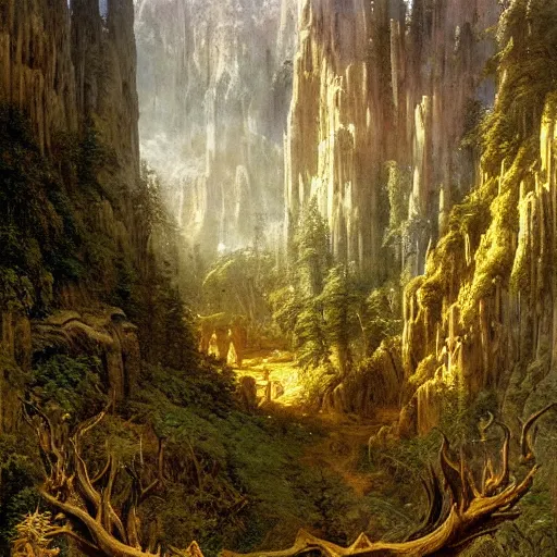 Image similar to a beautiful and highly detailed matte painting of a dreamy valley deep in the foresty mountains, intricate details, epic scale, insanely complex, 8 k, sharp focus, hyperrealism, very realistic, by caspar friedrich, james gurney, brian froud,