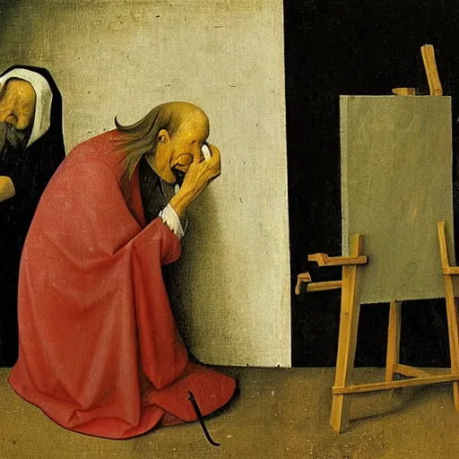 Prompt: a painter at his easel crying in despair, Hieronymous Bosch