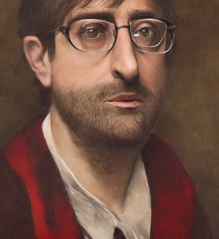 Prompt: a breathtakingly stunningly beautifully highly detailed portrait of a majestic louis theroux, by rosetti and devinci and michael cheval and sidney cooper and turner, 4 k