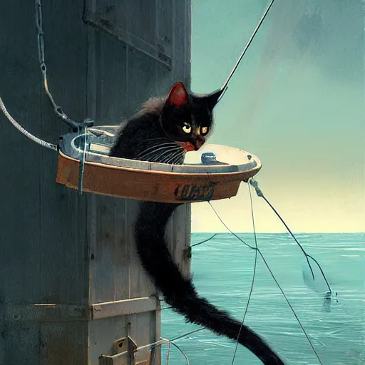 Image similar to fisherman cat, cat fishing from boat, digital art by Greg rutkowski