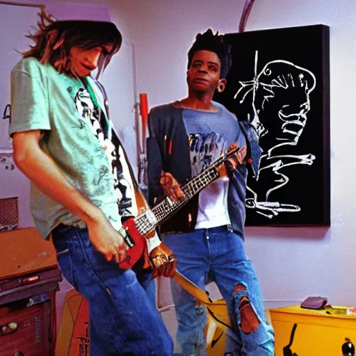 Prompt: portrait photo of basquiat and kurt cobain in nirvana basquiat ’ s studio, photorealistic,