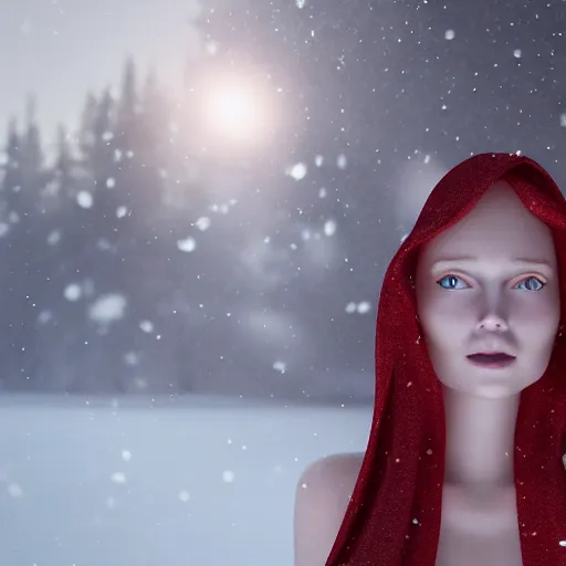 Image similar to winter night, snow, beautiful red haired pale goddess of ice wearing bikini top and long cloak, diamond necklace, long hair, symmetric face, single face, full body, photography, octane render, cinematic, 3 0 mm, 8 k