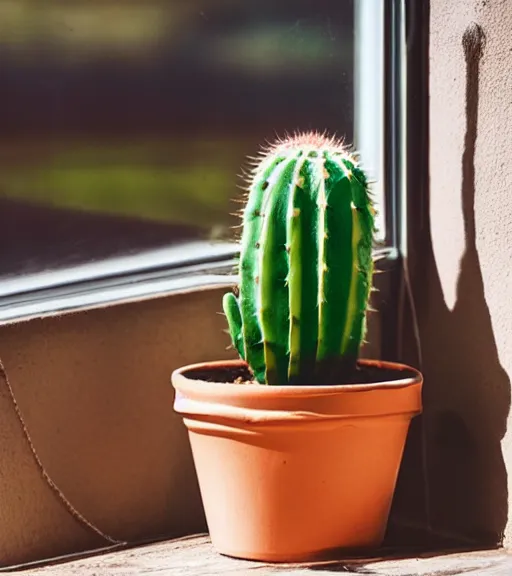 Prompt: a vintage photo of a cactus in a pot on a sunny windowsill