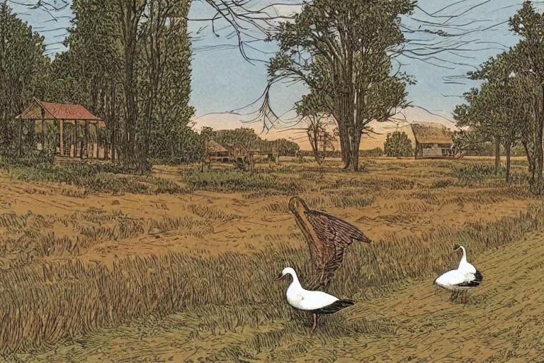 Image similar to country road store goose by moebius