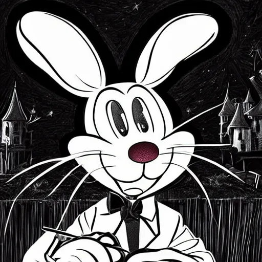 Image similar to A extremely highly detailed majestic hi-res beautiful, highly detailed portrait of a scary terrifying cartoon rabbit in the style of 1960's Walt Disney animations