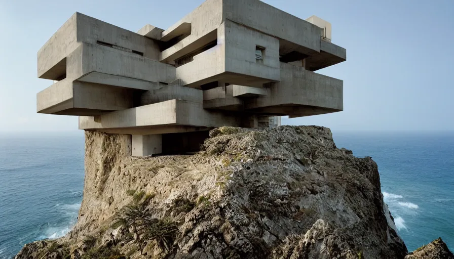 Prompt: coastal perched on a cliff overlooking a magnificient bay, brutalism architecture, drawing architecture, pritzker architecture prize, greig fraser