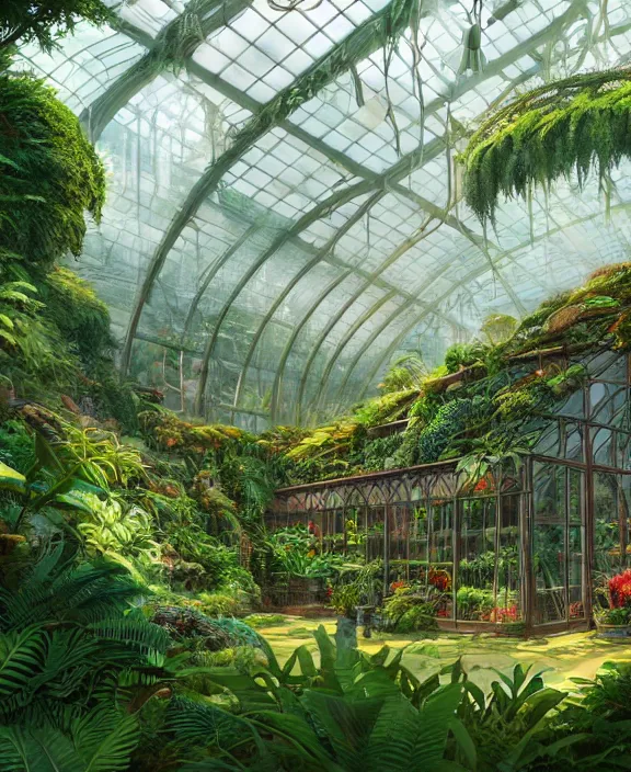 Image similar to an enormous conservatory greenhouse exterior, overgrown with exotic fungus, overgrown with huge ferns, cliff side, noon, sun drenched, partly cloudy, by dan mumford, yusuke murata, makoto shinkai, ross tran, cinematic, unreal engine, cel shaded, featured on artstation, pixiv