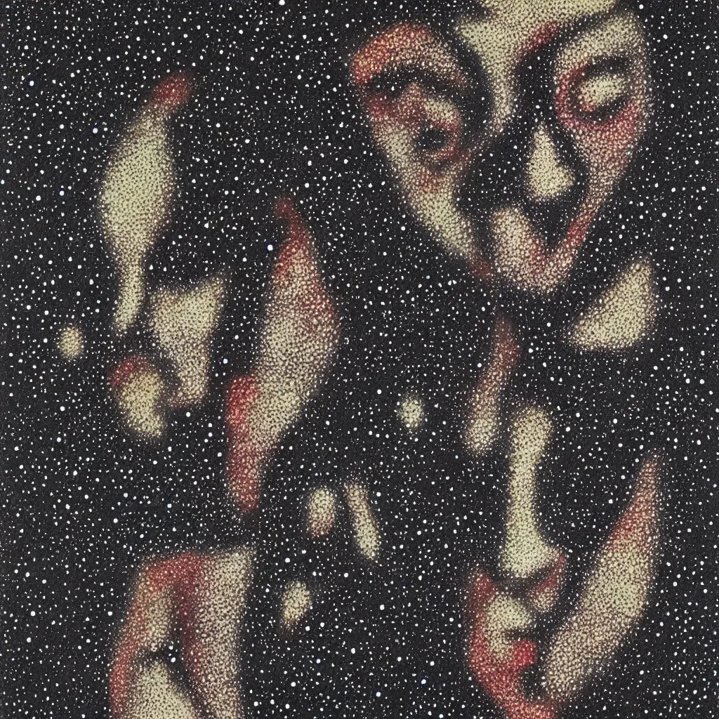 Prompt: face made out of planet, faceless people dark, dots, drip, stipple, pointillism, technical, abstract, minimal, style of francis bacon, asymmetry, pulled apart, cloak, hooded figure