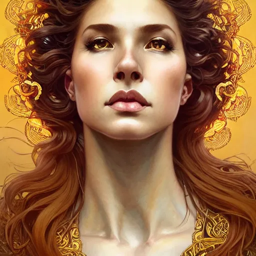 Prompt: majestic lioness queen as a beautiful woman draped with a vivid cloth. d & d, portrait, highly detailed, digital painting, trending on artstation, intricate details, energetic mood, golden ratio composition, concept art, sharp focus, illustration, art by artgerm and greg rutkowski and alphonse mucha and magali villeneuve, 8 k, 4 k,