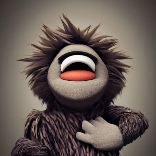 Image similar to a still of a forgotten muppet character looking very manly and modern, hilarious, laughing, hairy chest, huge chin, manly monster tough guy, roughled fur, photo real, photographic, photograph, artstation, trending, featured