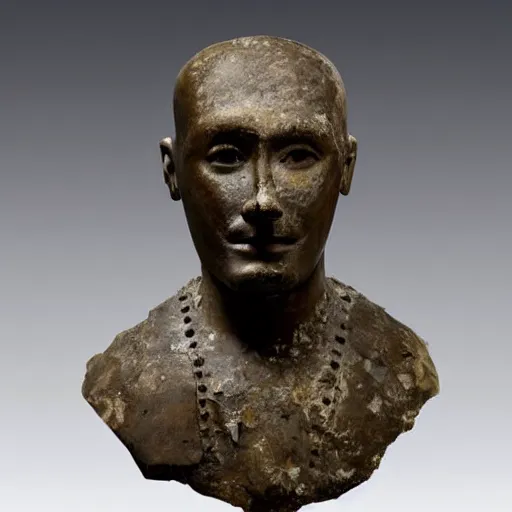 Image similar to an extremely ancient ironman bust that is tarnished and covered in sediment from uncovered earth expedition, rare photograph, smithsonian,