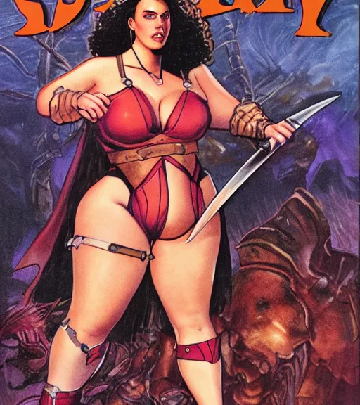 Image similar to 1 9 8 0 s fantasy novel book cover, bbw plus size amazonian scarlett johansson in extremely tight bikini armor wielding a cartoonishly large sword, exaggerated body features, dark and smoky background, low quality print