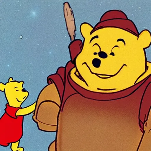 Prompt: winnie the pooh wearing a full suit of space marine power armor and wielding a boltgun