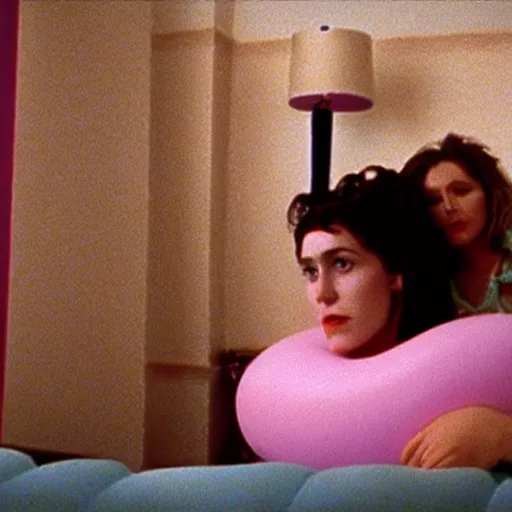 Prompt: still from a 1994 arthouse film about a depressed housewife dressed as a squishy inflatable toy who meets a handsome younger man in a seedy motel room, color film, 16mm soft light, weird art on the wall