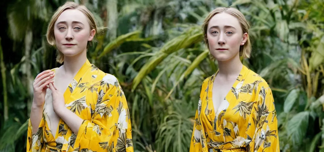 Image similar to A medium format portrait shot on graflex of Saoirse Ronan wearing a yellow kimono in a tropical greenhouse, she has a very detailed barn owl on her shoulder, bokeh