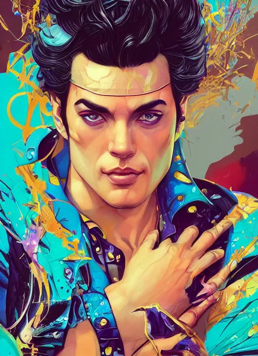 Image similar to beautiful portrait of Jotaro Kujo JoJo, by Tristan Eaton, Stanley Artgermm, Tom Bagshaw, Greg Rutkowski, Carne Griffiths. trending on DeviantArt, face enhance, hyper detailed, trending on Artstation, 8k, masterpiece, graffiti paint, fine detail, full of color, intricate detail, golden ratio illustration