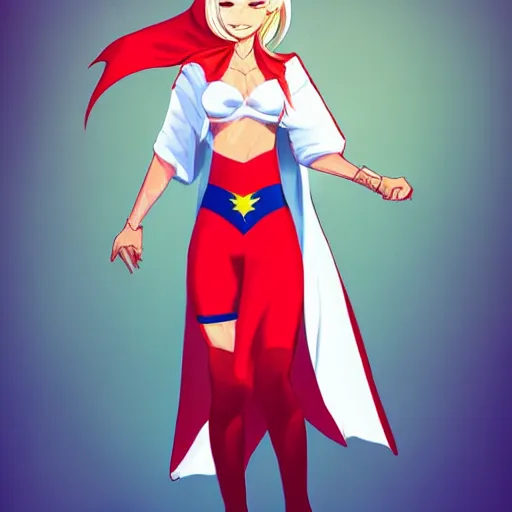 Image similar to !dream blonde super girl, wearing white shirt, red cape, rossdraws art style , smiling