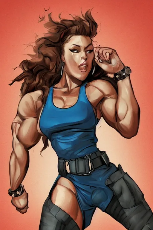 Prompt: a hyper muscular woman, bronze skinned, blue eyes, wearing a black cropped tank top, military pants, brown boots, wavy big red hair, 8 0's hairstyle, red lips, action pose, art by bluethebone, trending on artstation, illustration, action scene, full body