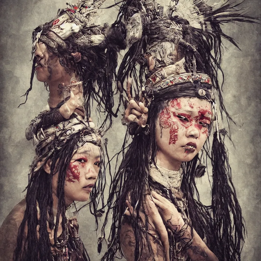 Image similar to A young blindfolded shaman japanese woman with a decorated headband performing a pagan ritual, in the style of heilung, blue hair dreadlocks and wood on her head, tribal piercing and tatoos , atmospheric lighting, intricate detail, cgsociety, ambient light, dynamic lighting, art by karol bak