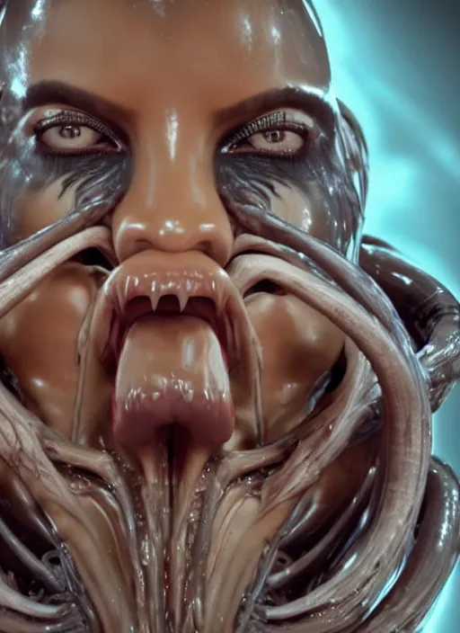 Image similar to film still of kim kardashian being licked by an xenomorph slathered in a transparent alien liquid, wet flowing hair, gooey skin, illustration, unreal engine 5, 8 k, directed by h. r. giger.