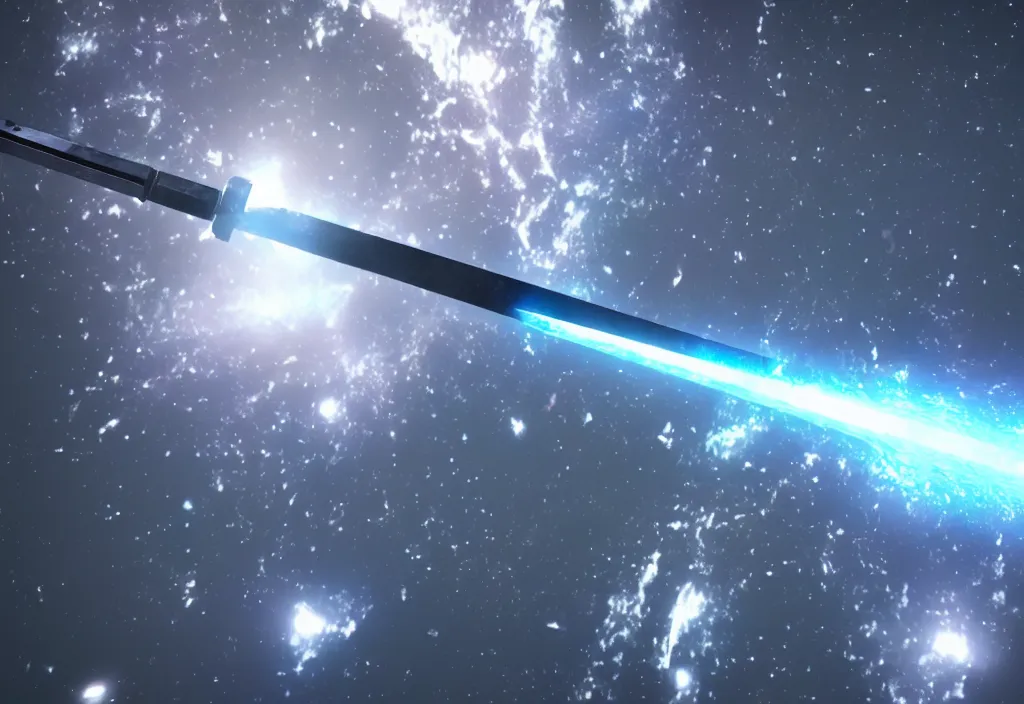 Image similar to a holographic metal sword floating in space reflecting the destruction of the universe, intricate unreal engine 5 creation