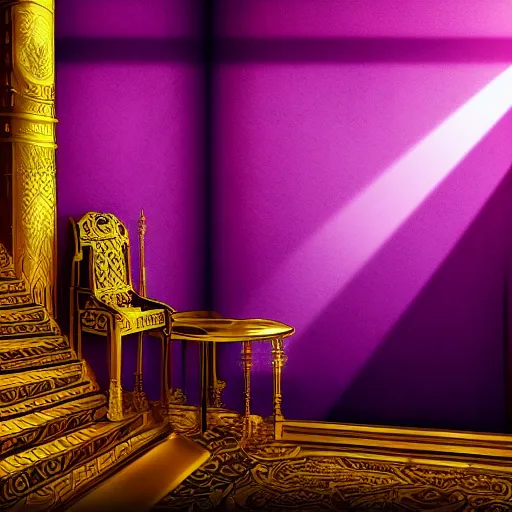 Image similar to Digital art of the golden throne room Imperial matte finish, ominous dramatic wide angle, god rays purple tapestries