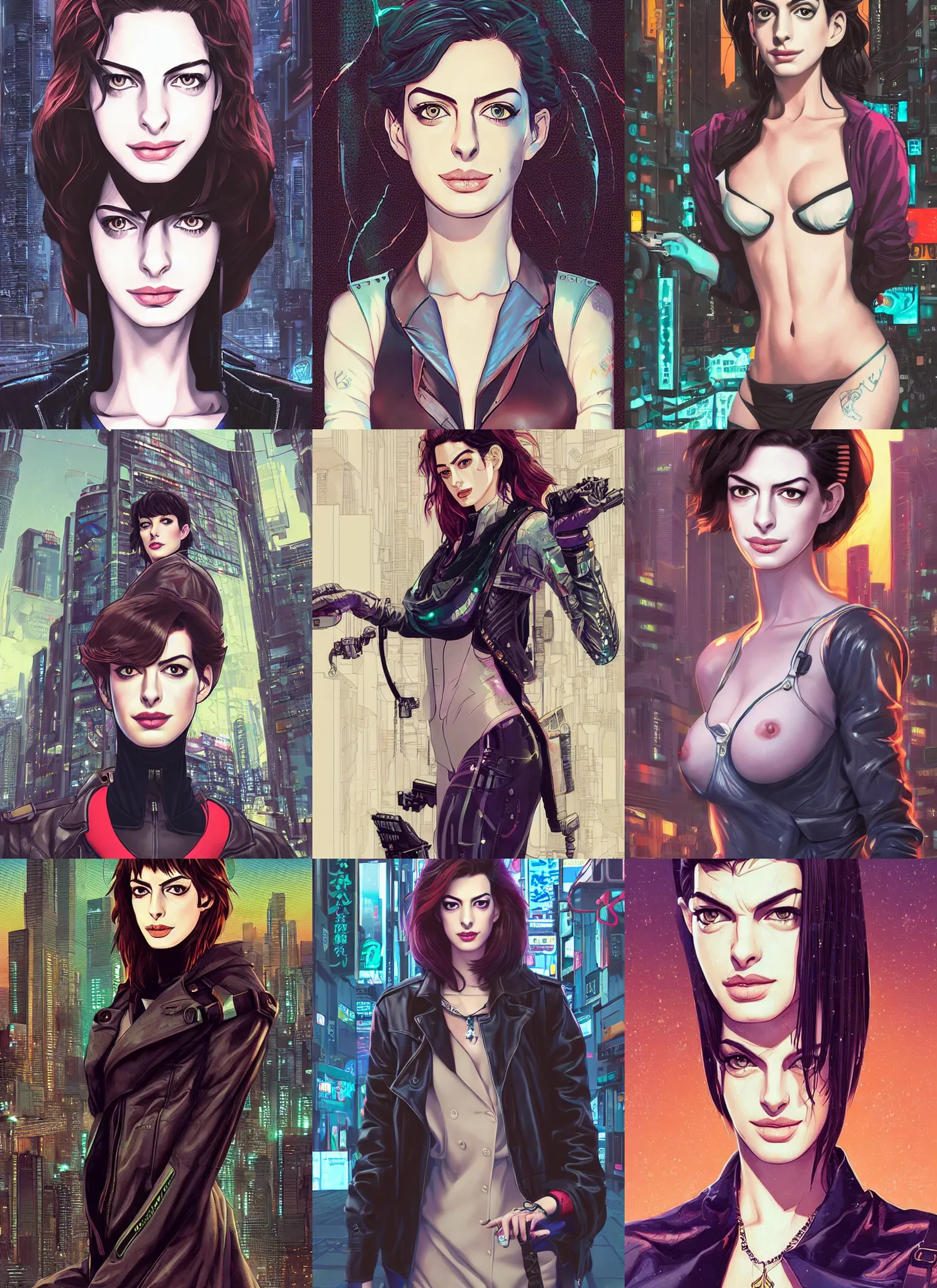 Prompt: a young anne hathaway seductive portrait wearing cyberpunk clothes, detailed face, in a tokyo street, trending on artstation, by dan mumford, yusuke murata, makoto shinkai, ross tran, josan gonzalez, cel shaded, flat colors