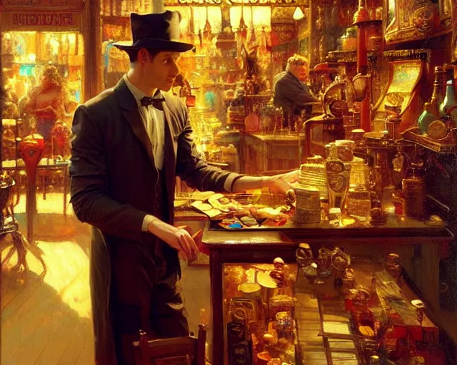 Image similar to attractive magician man, in magic shop. highly detailed painting by gaston bussiere, craig mullins, j. c. leyendecker 8 k