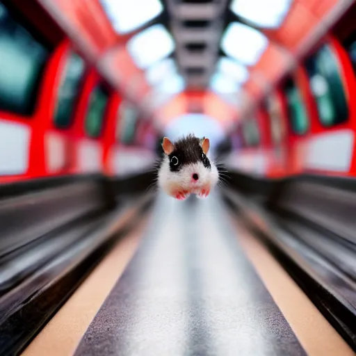 Prompt: photo of a metro, a tiny hamster is sitting on a seat, various poses, unedited, soft light, sharp focus, 8 k
