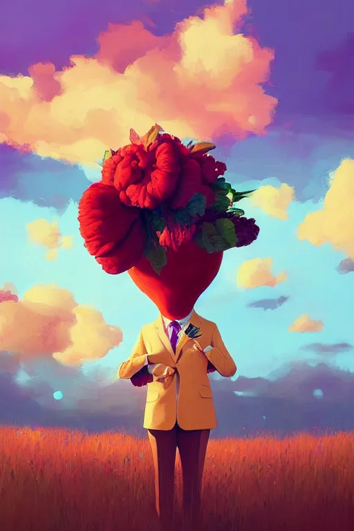 Prompt: portrait, giant flower as head, black woman in a suit, surreal photography, golden hour, colorful clouds, impressionist painting, digital painting, artstation, simon stalenhag