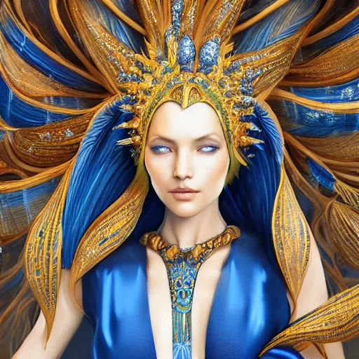 Image similar to a beautiful woman wearing a blue and white kaftan made of silk with golden ornaments and diamonds by alex gray and android jones , Karol Bak, Ayami Kojima, Amano , concept art, character design, fantasy,3D, 8k resolution